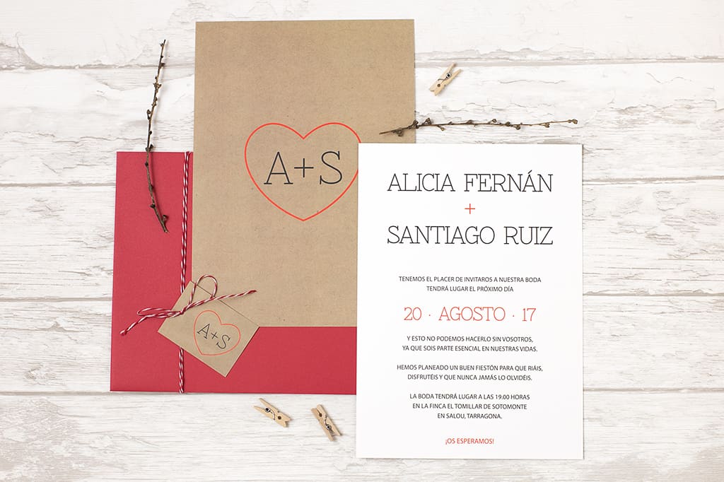 Invitacion boda red heart kraft